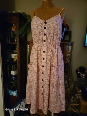 Pink Floral Midi Dress with Thin Straps